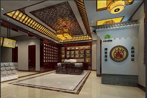 西青古朴典雅的中式茶叶店大堂设计效果图