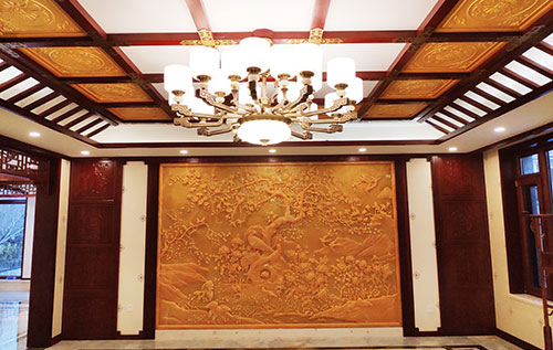 西青中式别墅客厅中式木作横梁吊顶装饰展示
