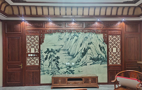 西青中式仿古别墅客厅背景墙花格木作装饰